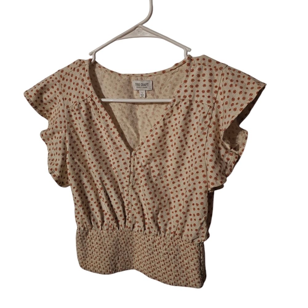 True Craft‎ Smocked Top-Womens-Small-Cream W/ Red Flower Prints